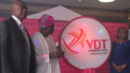 L-r) Biodun Omoniyi, managing director, VDT Communications, Engr. Tunji Gaafar representative of chairman board of directors of VDT Communications and Mrs. Omoniyi, wife of VDT MD, at the unveiling of new corporate identity of VDT Communications held yesterday in Lagos.